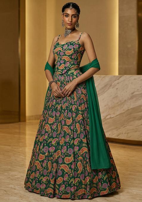 Bottle Green Printed Organza Lehenga Set
