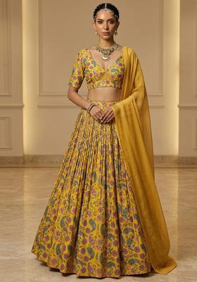 Mustard Printed Organza Lehenga Set