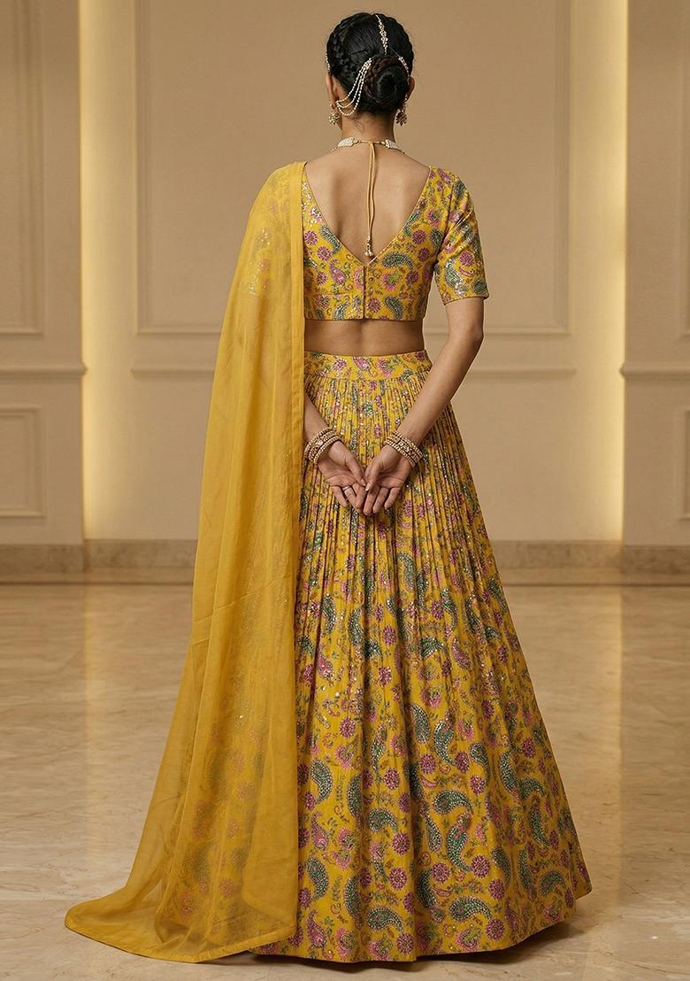 Mustard Printed Organza Lehenga Set - Indya