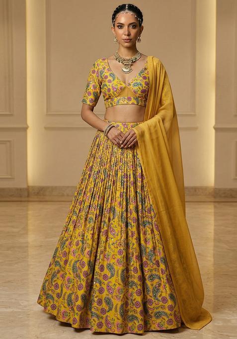Mustard Printed Organza Lehenga Set