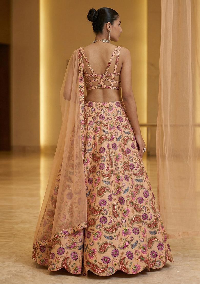 Peach Printed Organza Lehenga Set - Indya