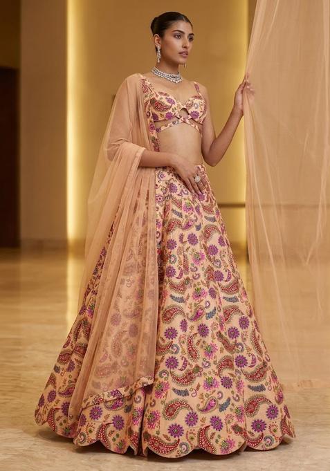 Peach Printed Organza Lehenga Set
