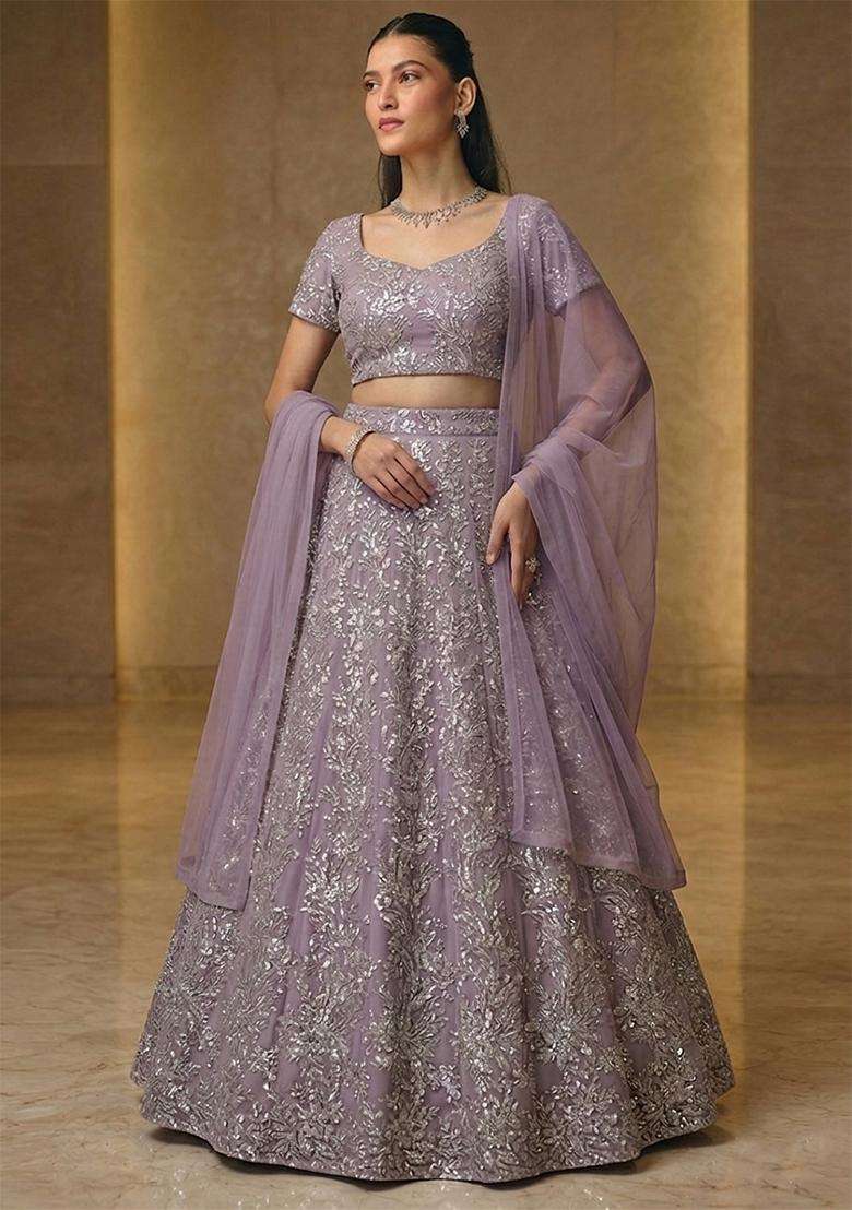 Lavender Printed Organza Lehenga Set - Indya