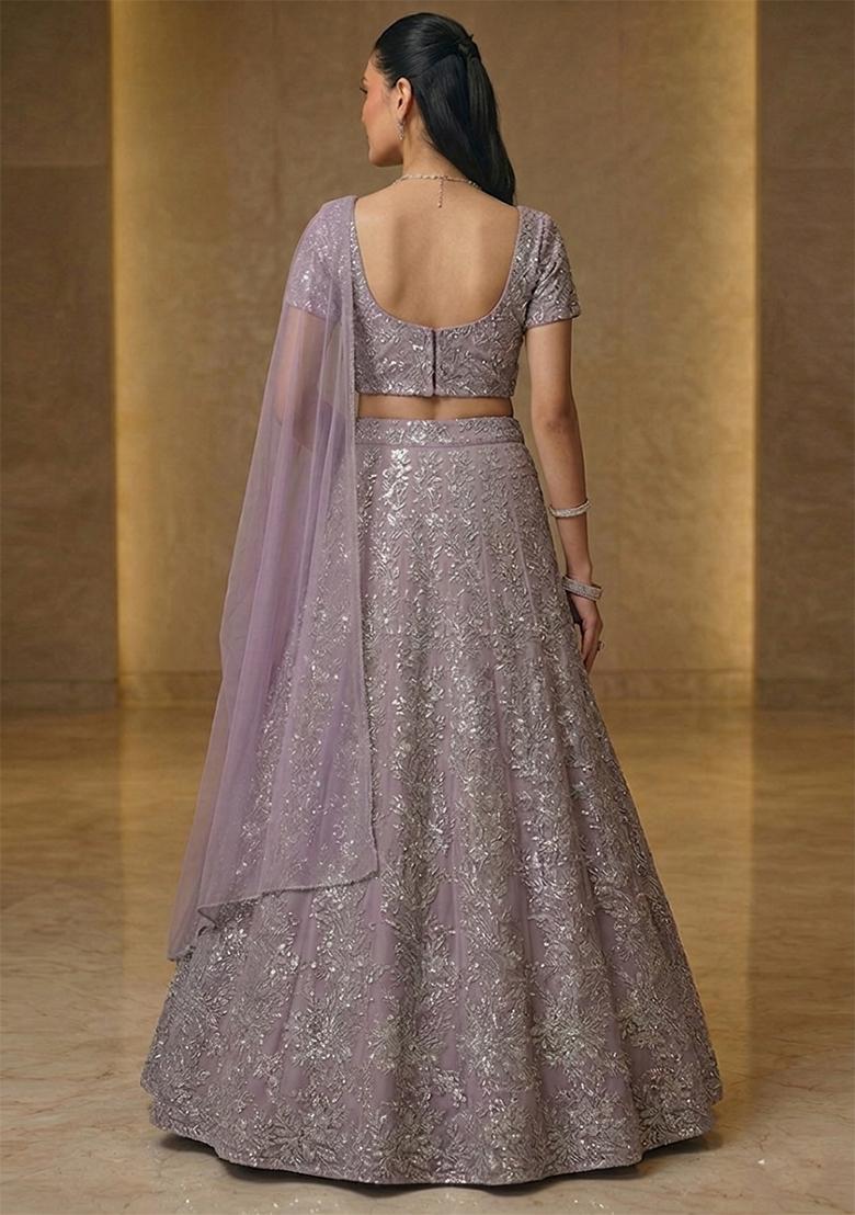 Lavender Printed Organza Lehenga Set - Indya
