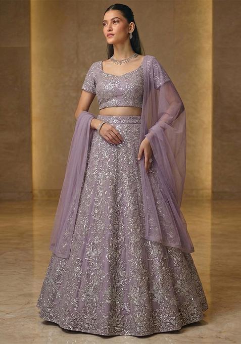 Lavender Printed Organza Lehenga Set