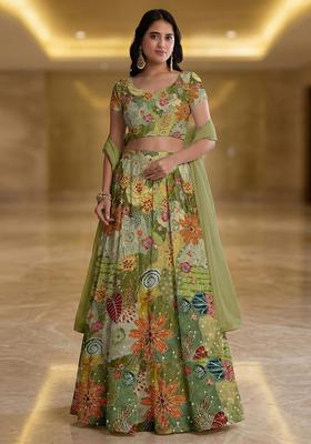 Olive Green Embroidered Crepe Lehenga Set