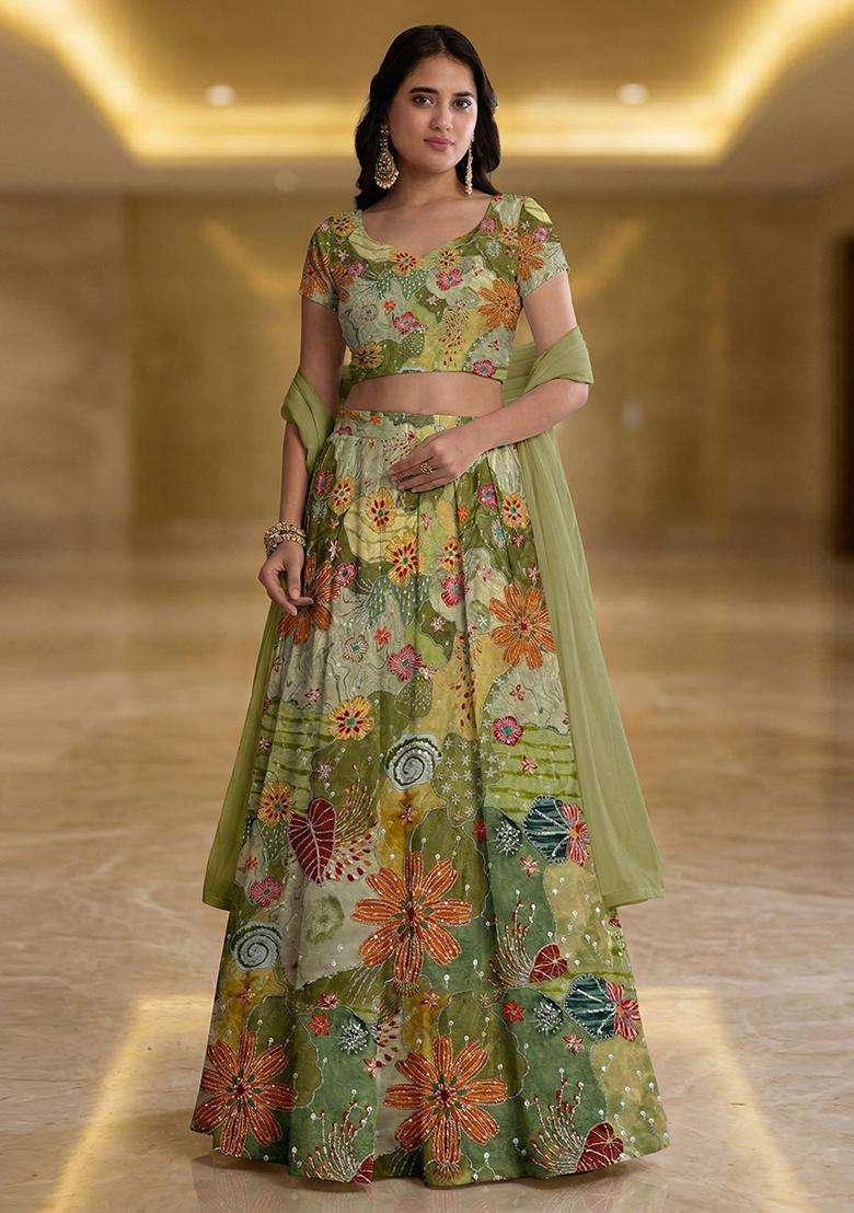 Olive Green Embroidered Crepe Lehenga Set - Indya
