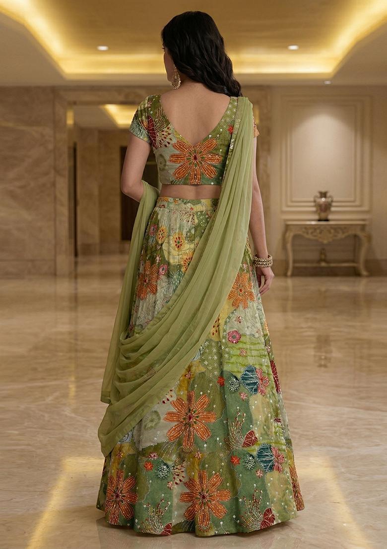 Olive Green Embroidered Crepe Lehenga Set - Indya