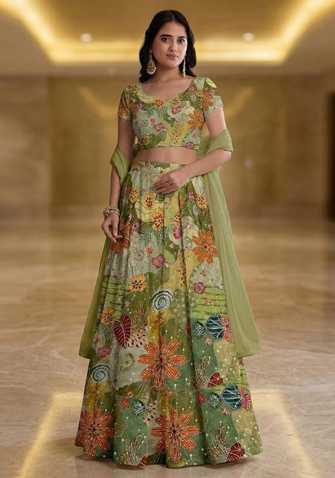 Olive Green Embroidered Crepe Lehenga Set
