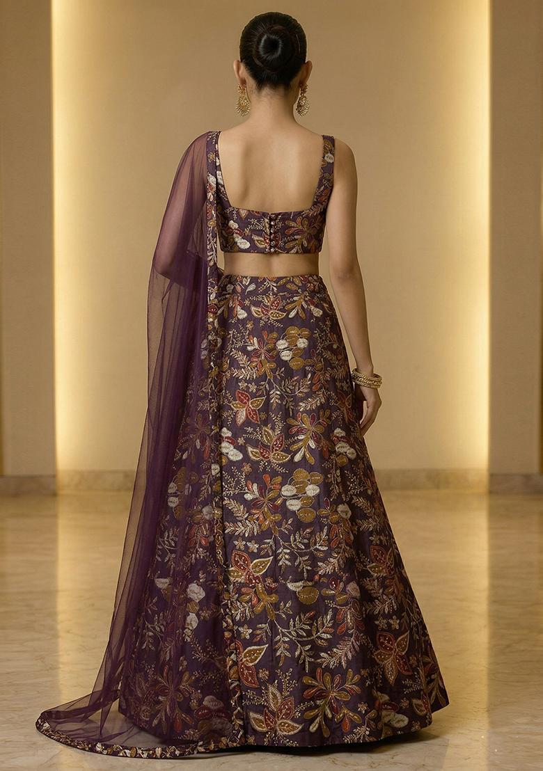 Plum Embroidered Crepe Lehenga Set - Indya