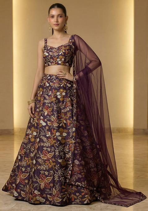 Plum Embroidered Crepe Lehenga Set
