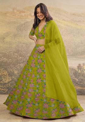Lime Green Embroidered Organza Lehenga Set