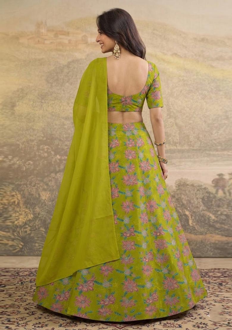 Lime Green Embroidered Organza Lehenga Set - Indya