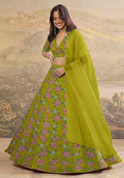 Lime Green Embroidered Organza Lehenga Set