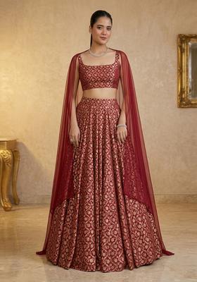 Crimson Red Printed Crepe Lehenga Set