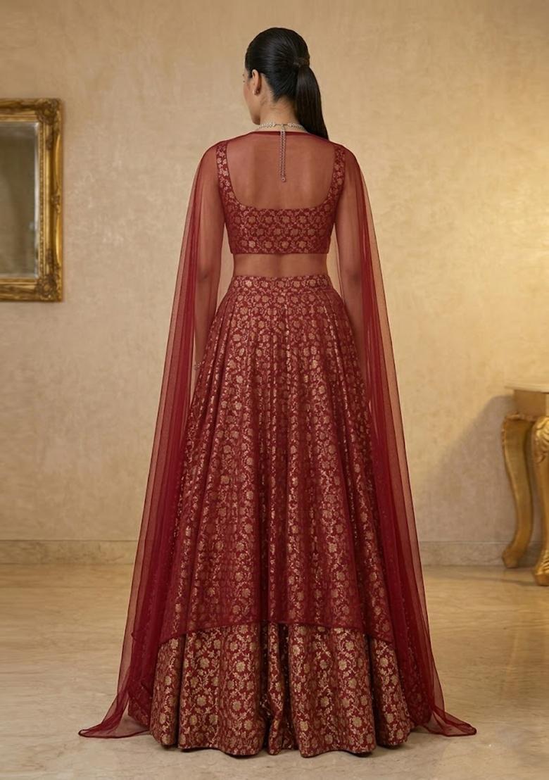 Crimson Red Printed Crepe Lehenga Set - Indya