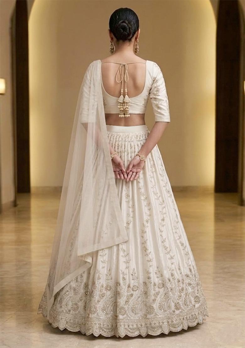Ivory Cream Printed Crepe Lehenga Set - Indya
