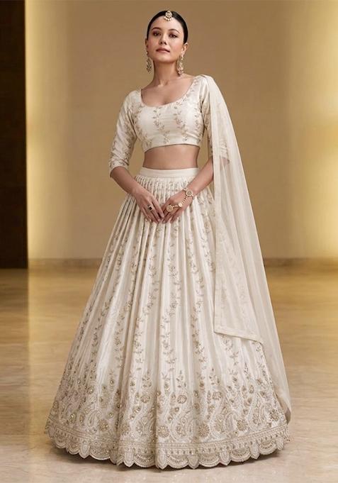 Ivory Cream Printed Crepe Lehenga Set