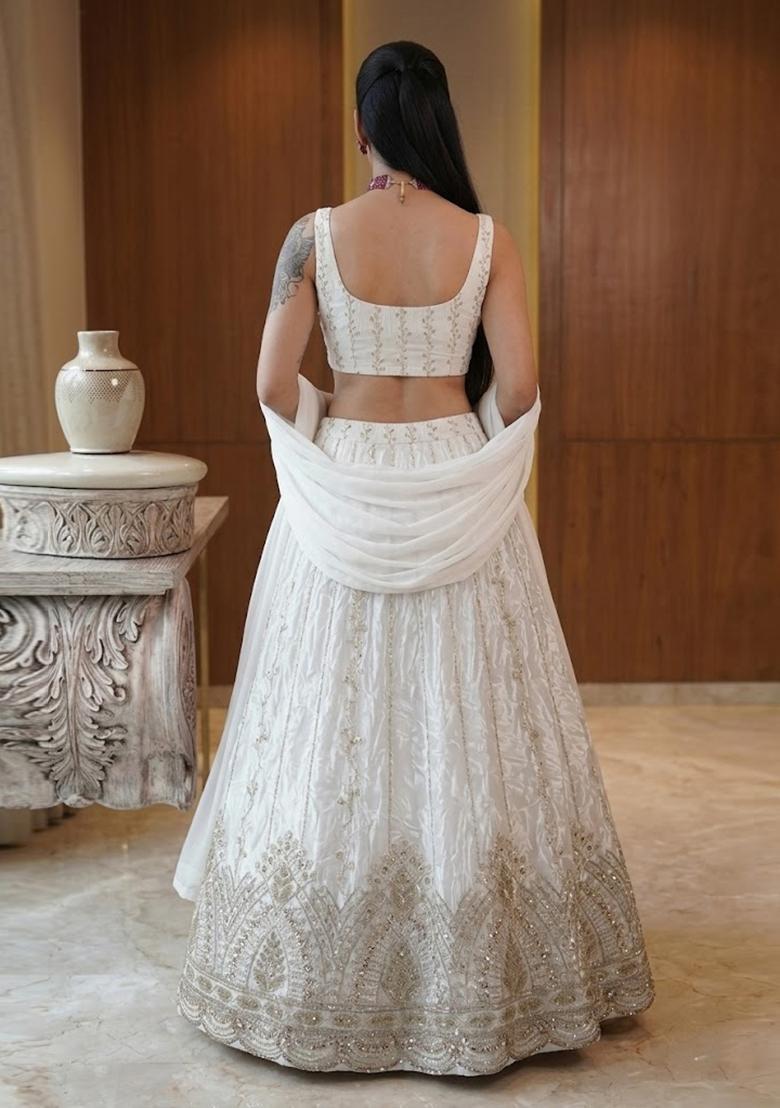 Off White Printed Crepe Lehenga Set - Indya