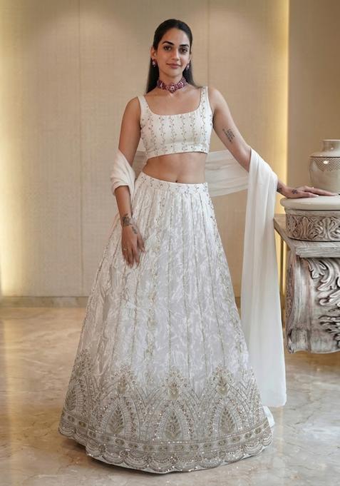 Off White Printed Crepe Lehenga Set