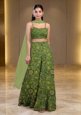 Green Embroidered Crepe Fusion Set