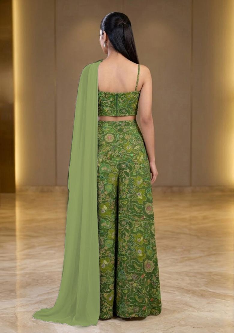Green Embroidered Crepe Fusion Set - Indya