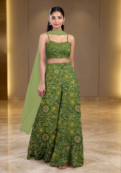 Green Embroidered Crepe Fusion Set