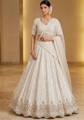 Ivory Cream Embroidered Net Lehenga Set