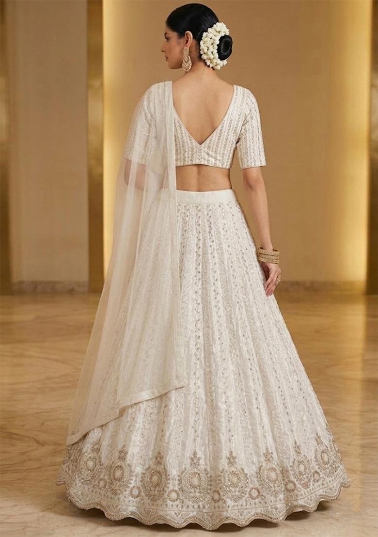 Ivory Cream Embroidered Net Lehenga Set - Indya