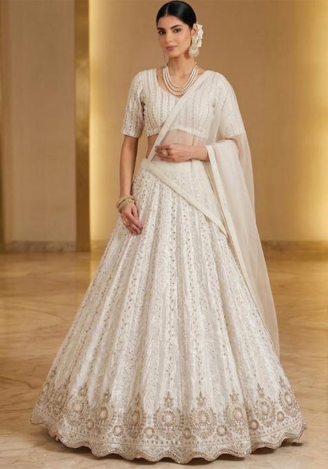 Ivory Cream Embroidered Net Lehenga Set