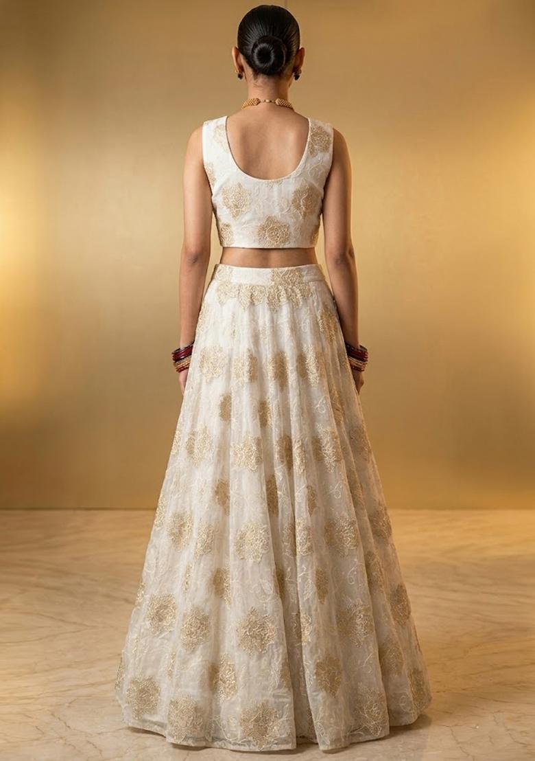 Off White Embroidered Chinon Lehenga Set - Indya