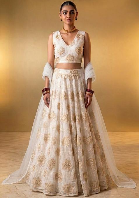 Off White Embroidered Chinon Lehenga Set