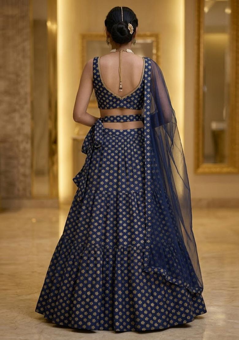Navy Blue Printed Crepe Lehenga Set - Indya