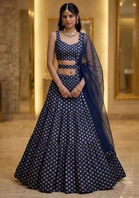Navy Blue Printed Crepe Lehenga Set