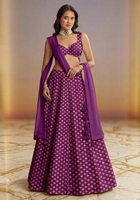Magenta Purple Printed Crepe Lehenga Set