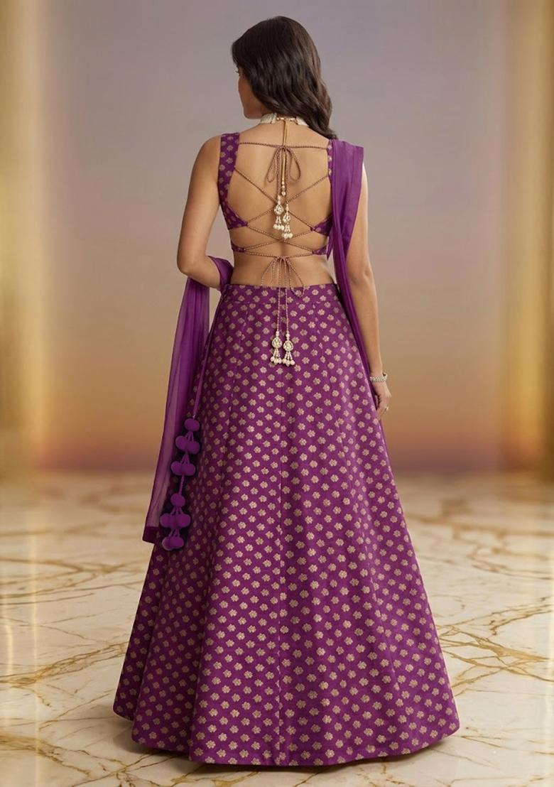 Magenta Purple Printed Crepe Lehenga Set - Indya