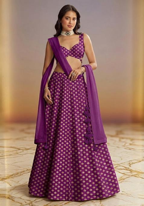 Magenta Purple Printed Crepe Lehenga Set