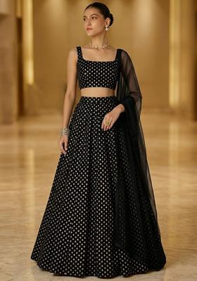 Jet Black Printed Crepe Lehenga Set