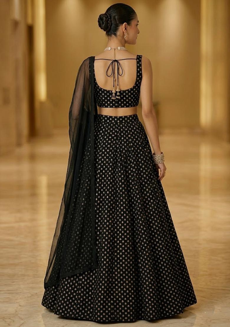 Jet Black Printed Crepe Lehenga Set - Indya