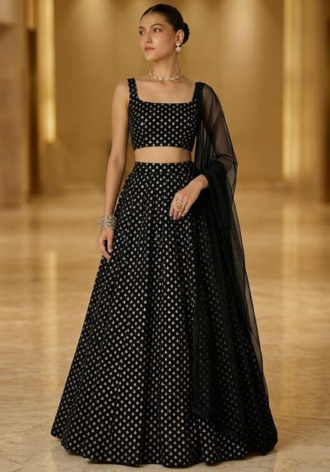 Jet Black Printed Crepe Lehenga Set