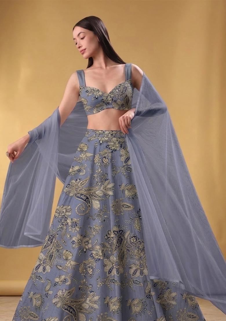 Steel Blue Embroidered Crepe Lehenga Set - Indya