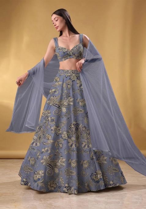 Steel Blue Embroidered Crepe Lehenga Set
