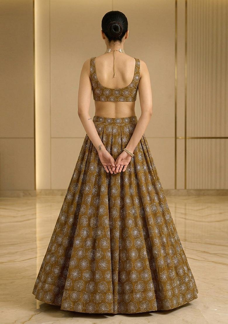 Olive Brown Sequin Silk Lehenga Set - Indya
