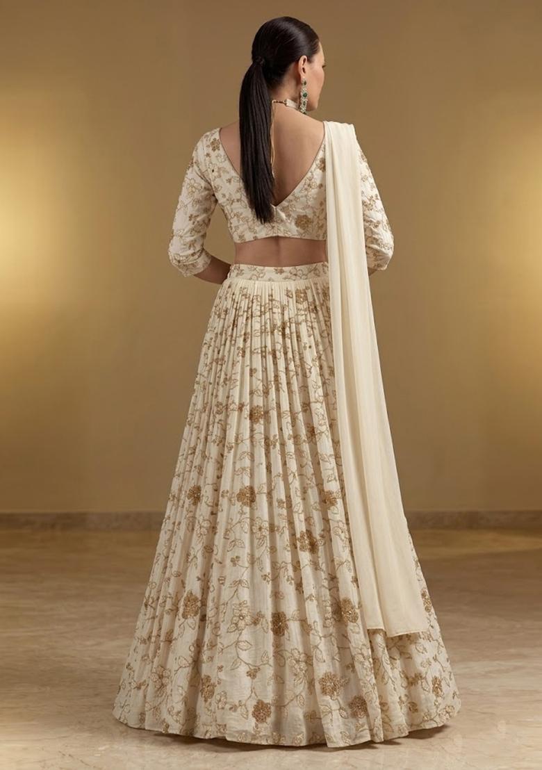 Off White Embroidered Crepe Lehenga Set - Indya