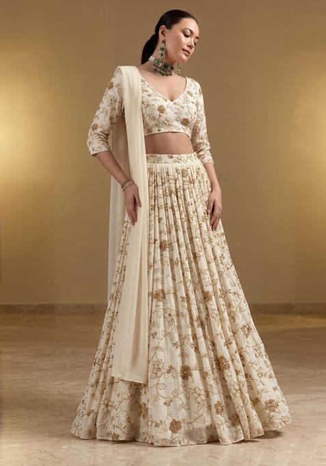 Off White Embroidered Crepe Lehenga Set