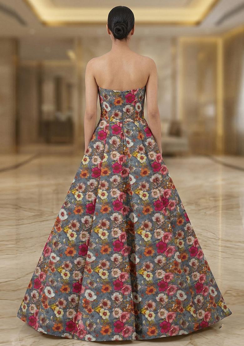 Steel Grey Printed Crepe Lehenga Set - Indya