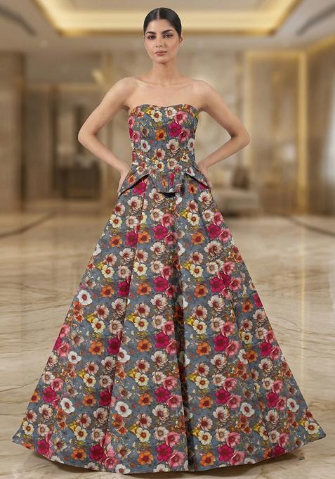 Steel Grey Printed Crepe Lehenga Set