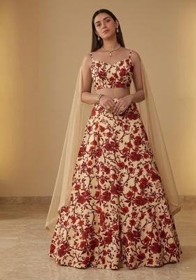 Cream Yellow Printed Crepe Lehenga Set