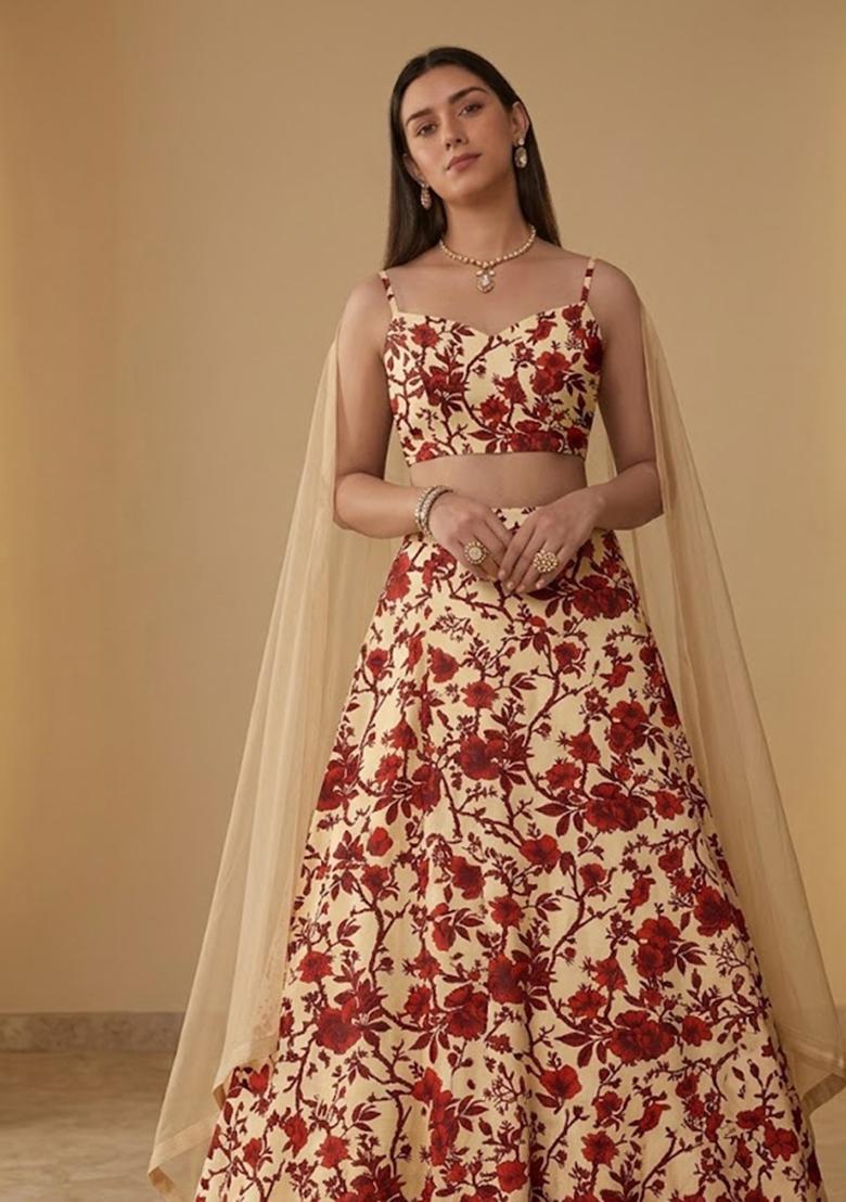 Cream Yellow Printed Crepe Lehenga Set - Indya