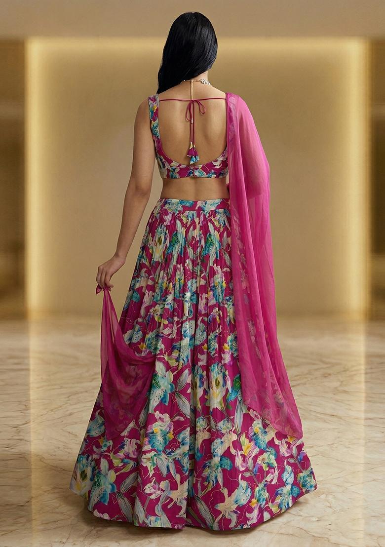 Fuchsia Pink Printed Crepe Lehenga Set - Indya